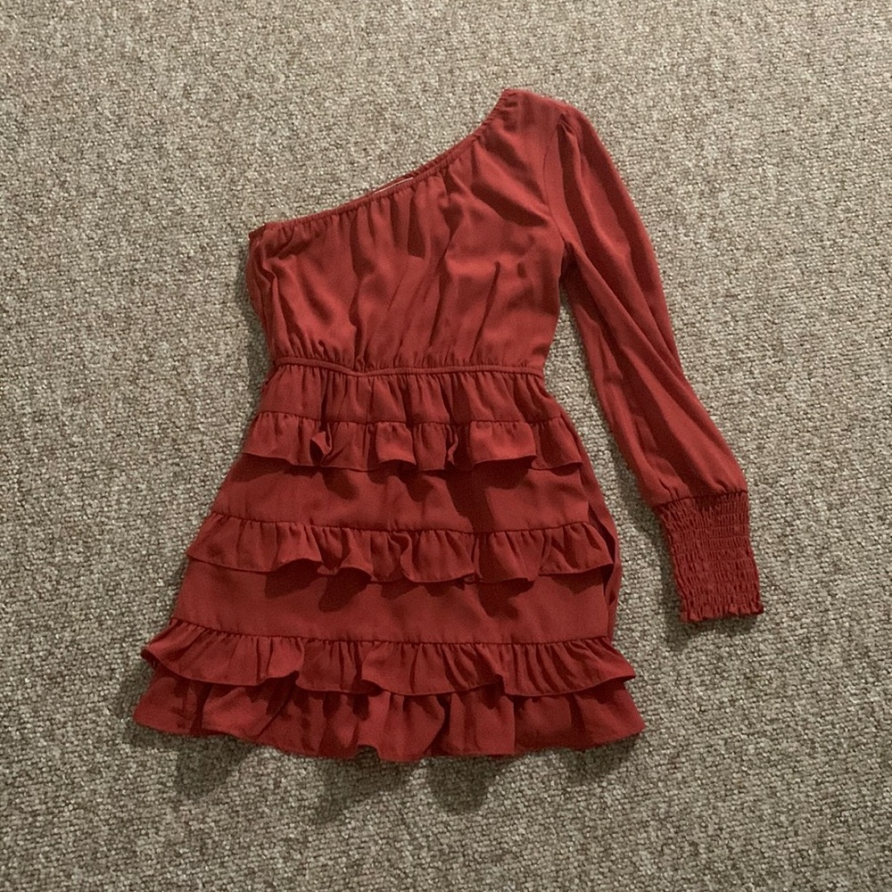 Blue blush red/orange one shoulder ruffle wrap dress. Size medium.